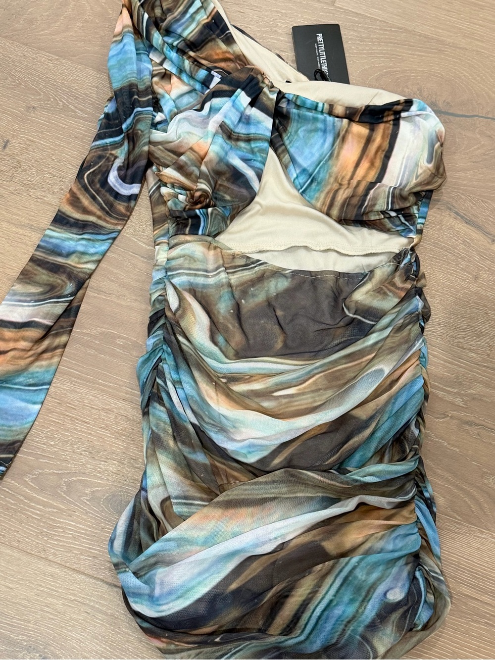 PrettyLittleThing One Shoulder Ruched Dress in Blue Brown Cream